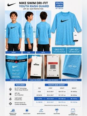 Nike Swim Kids Aqua Blue 3/4 Sleeve Tee UPF 40+ Size Large